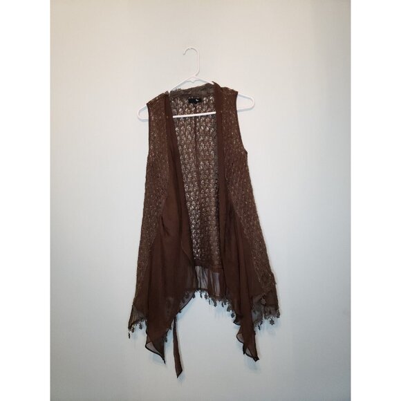 Ryu Sweaters - Ryu Womens M Cardigan Vest Crochet Brown Floral Open Front Anthropologie Boho